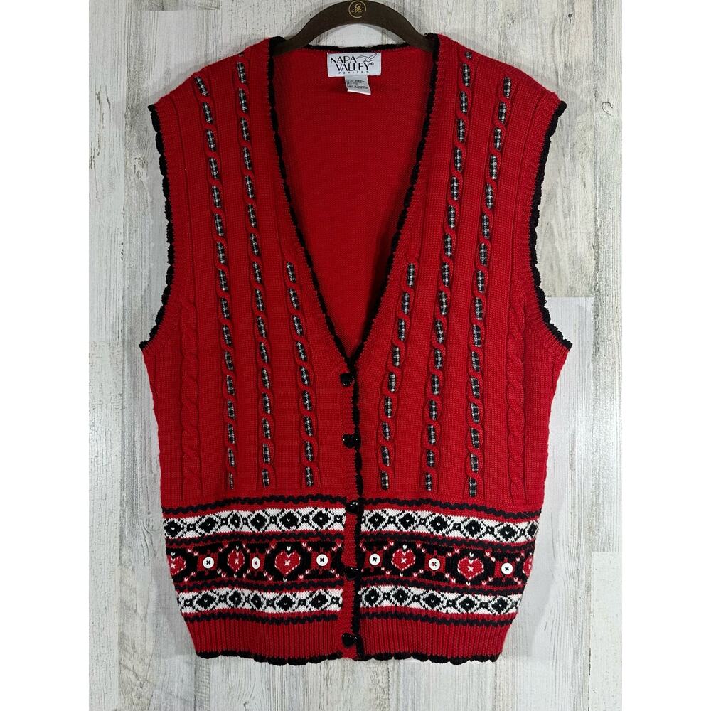 Vintage Napa Valley Petites Cardigan Vest Embroidered Wool Blend Red Large READ